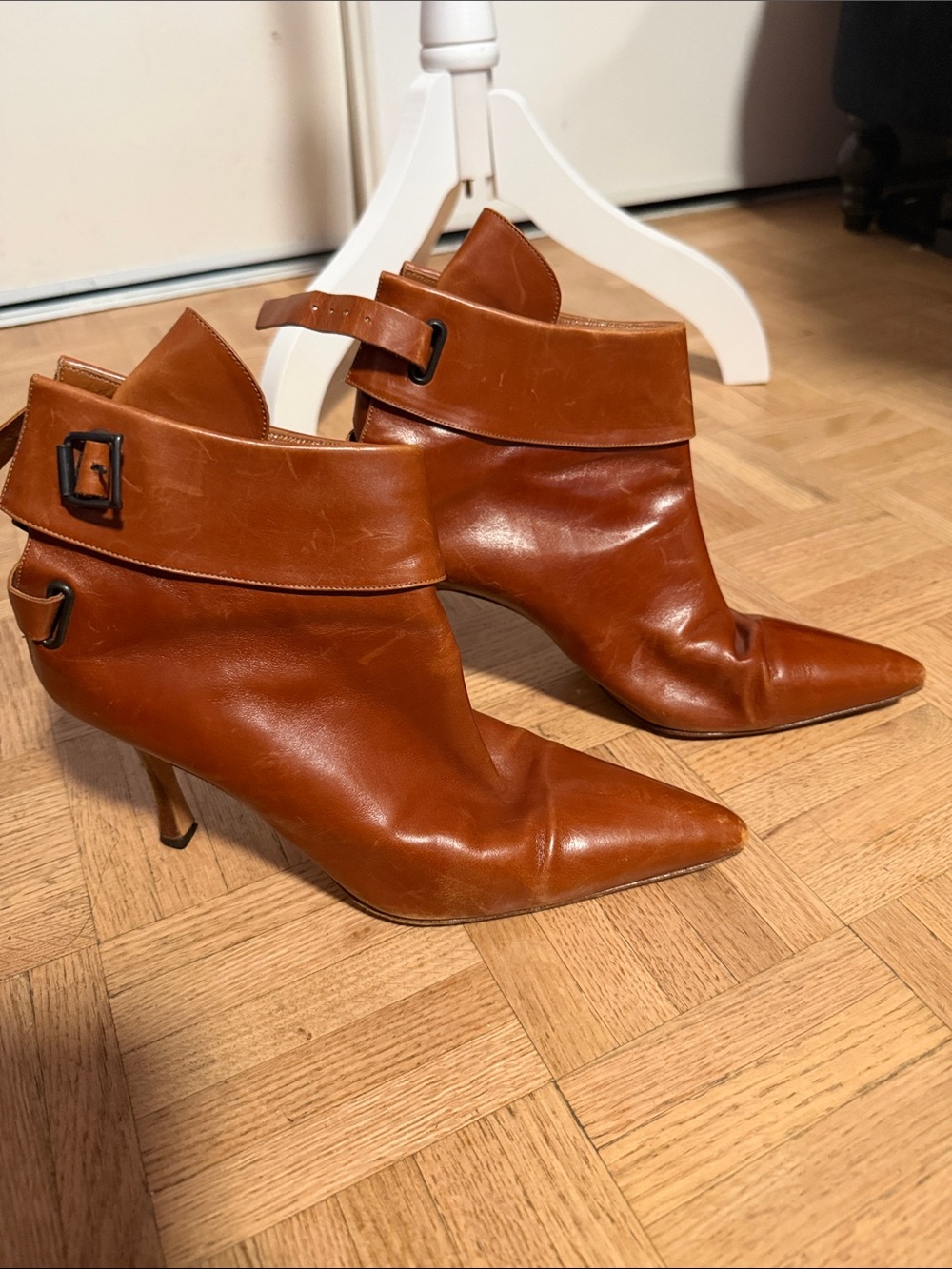 Manolo Blahnik Cognac Leather Pointed-Toe Fold-Over Ankle Booties